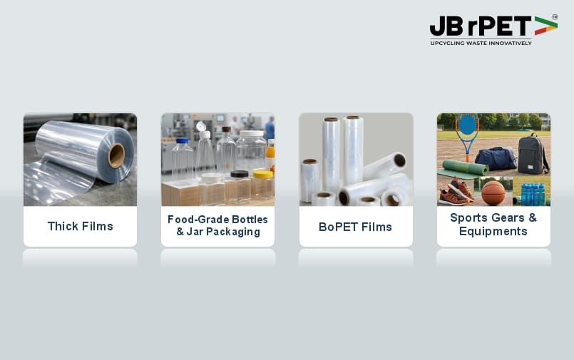 Applications of recycled PET including thick films, food-grade bottles, BoPET films and sports equipment