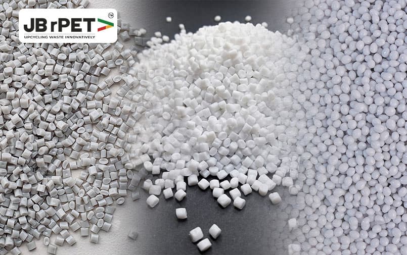 White chemically recycled PET resin granules in different shapes and sizes