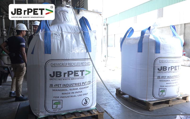 Bulk bags of chemically recycled PET chips at the JB rPET manufacturing plant