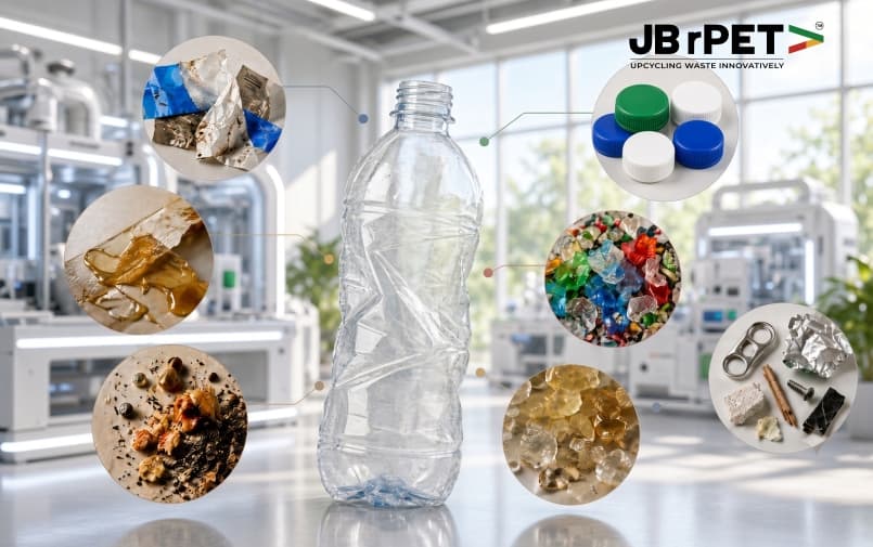 PET bottle surrounded by examples of recycling contaminants including caps, colored plastics, adhesives and meta